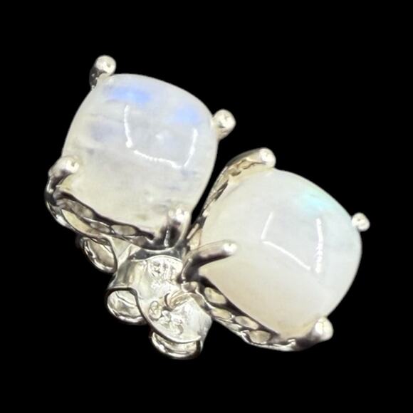 Natural Moonstone Cabochon Stud Earrings 925 Sterling Silver Handmade - Picture 3 of 4